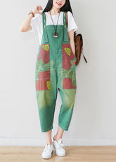 Boutique Green Pockets Patchwork Print Denim Jumpsuits Pants